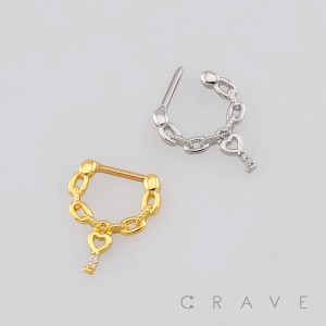 CHAIN LINKED DANGLING HEART KEY DESIGN SEPTUM CLICKER RING 316L SURGICAL STEEL